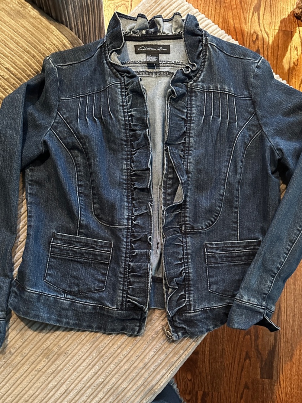Dark Blue Ruffle-Trim Denim Jacket.  Zips in front; Some stretch.